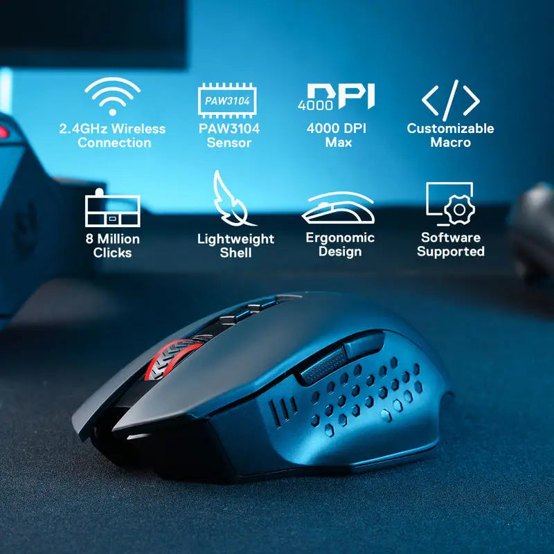 Безжична геймърска мишка Redragon M656 Gainer, 4000 DPI, 2.4Ghz, с 5 нива на DPI, 7 макро бутона, червена LED подсветка