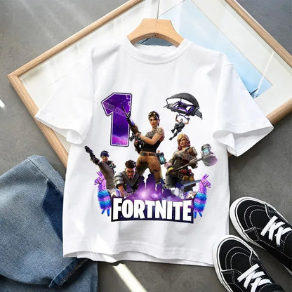 Fortnite Kinder-Geburtstagszahl-T-Shirt für Mädchen und Jungen, Sommerkleidung, Baby-T-Shirt aus Baumwolle, kurzärmliges Party-Oberteil, Geschenk für Kleinkinder