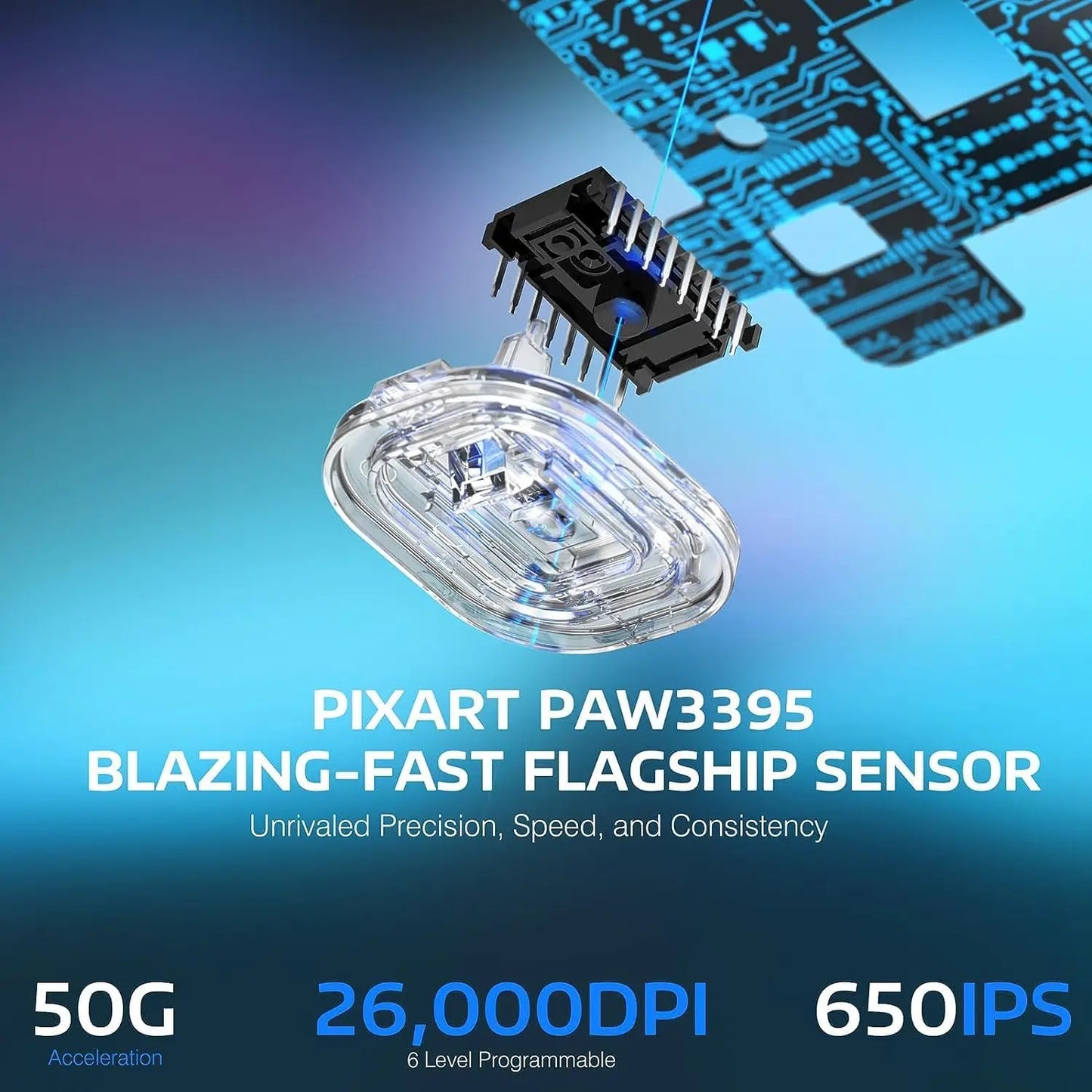 ATTACK SHARK X3 lengva belaidė žaidimų pelė, 49g, trijų režimų, PAW3395 26K DPI jutiklis, 200h baterijos veikimo laikas, 5 programuojami mygtukai