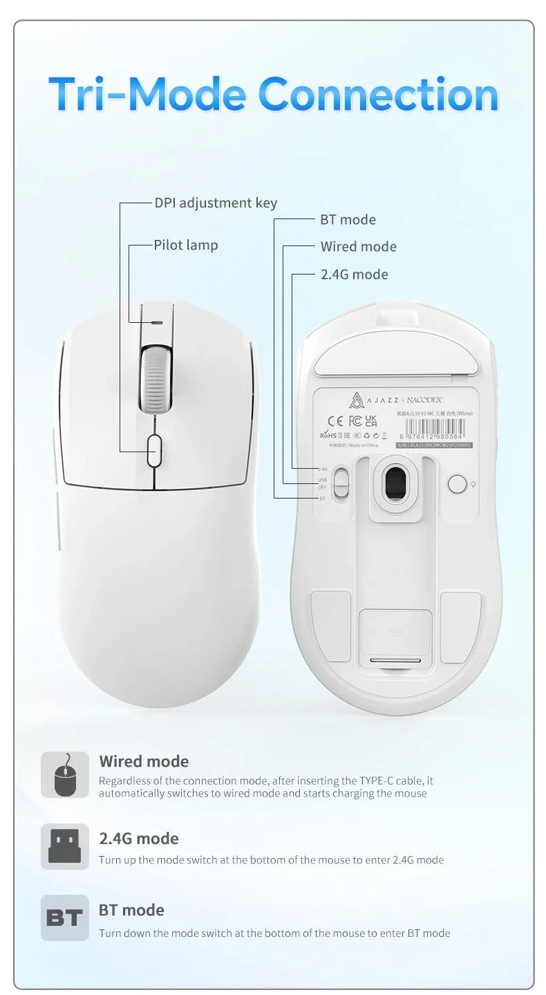 Langaton pelihiiri AJAZZ AJ139 V2 MC/AJ139 PRO, PAW3311/PAW3395-sensori, 12000DPI/26000DPI, 500mAh, Bluetooth-hiiri PC:lle