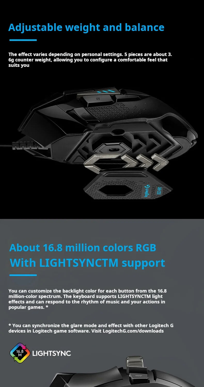 Logitech G502 HERO vysoce výkonná drátová herní myš, senzor HERO 25K, 25,600 DPI, RGB, nastavitelné závaží, 11 tlačítek, myš pro PC/Mac