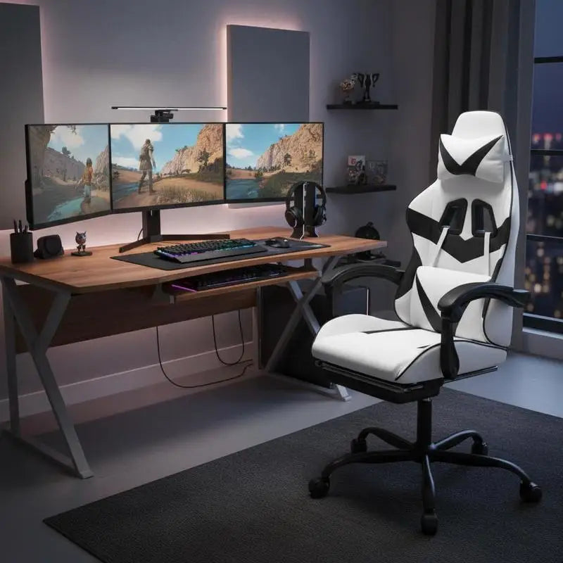 Gaming Chair with Footrest White and Black 57.5X59.5X121-131 cm in Imitation Leather, 360 Swivel Reclining Seat ° Can Carry 110 kg