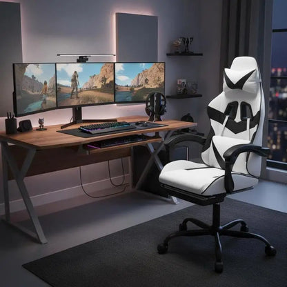 Gaming Chair with Footrest White and Black 57.5X59.5X121-131 cm in Imitation Leather, 360 Swivel Reclining Seat ° Can Carry 110 kg