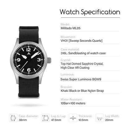Militado ML05 36912 Watch VH31 Sweep Seconds Movement Dome Sapphire Crystal Watch High Transparency AR Coated 38mm Vintage Watch