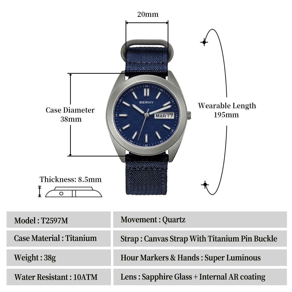 BERNY Titanium Watches for Men Date Week Calendar Sapphire Quartz Watch 38mm Super Luminous Men's Wristwatch 10ATM Lightweight