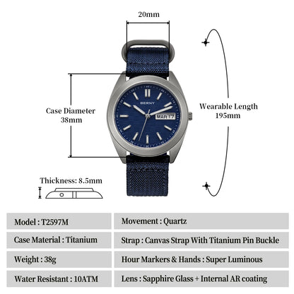 BERNY Titanium Watches for Men Date Week Calendar Sapphire Quartz Watch 38mm Super Luminous Men's Wristwatch 10ATM Lightweight