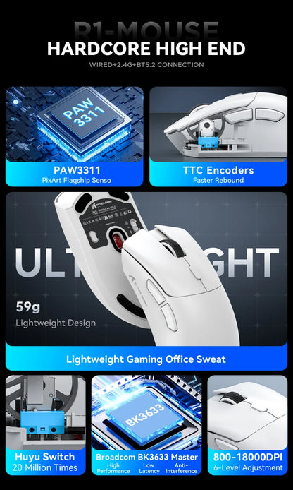 Attack Shark R1/X11 Tri-Mode Wireless Gaming Mouse 18K DPI PAW3311 Bluetooth/2.4GHz/Wired Lightweight Programmable for PC/Laptop