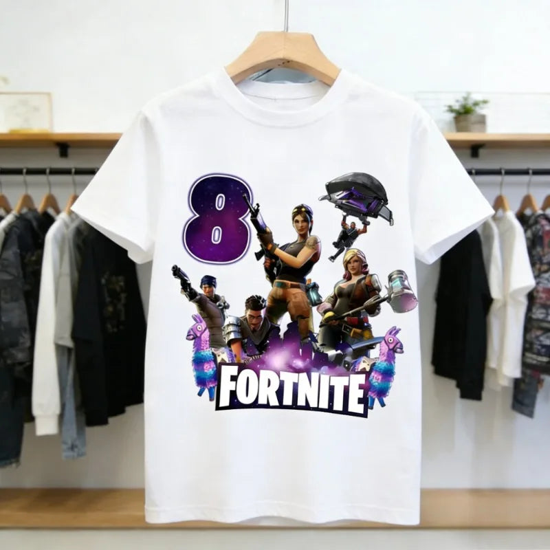 Fortnite Kinder-Geburtstagszahl-T-Shirt für Mädchen und Jungen, Sommerkleidung, Baby-T-Shirt aus Baumwolle, kurzärmliges Party-Oberteil, Geschenk für Kleinkinder