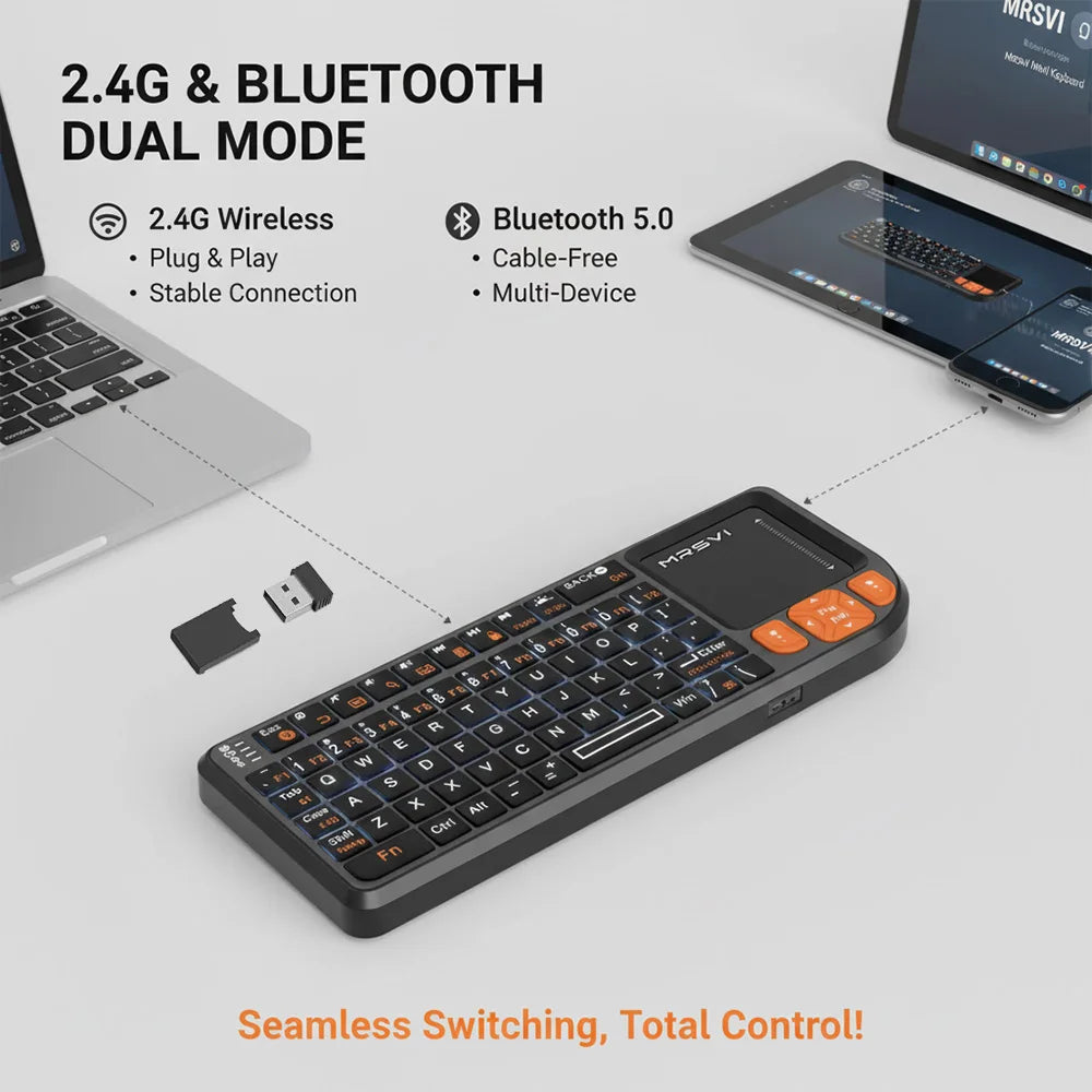 MRSVI Mini Bluetooth Keyboard A8 PLUS, Backlit 2.4GHz Wireless Keyboard with Touchpad for Android TV Box, Mac, Laptop, Windows