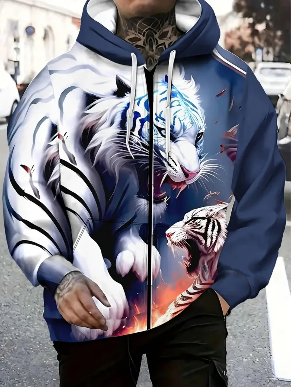 2025 Mens Long Sleeve Zip up Tiger Graphic Hoodie Casual Outdoor Fashion Coat with Drawstring and Pockets Zipup Hoodie for Man