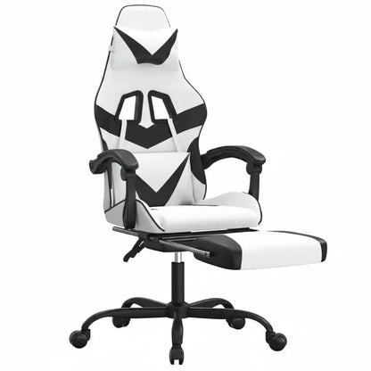 Gaming Chair with Footrest White and Black 57.5X59.5X121-131 cm in Imitation Leather, 360 Swivel Reclining Seat ° Can Carry 110 kg