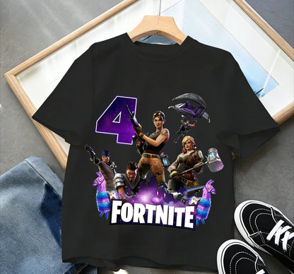 Fortnite Kinder-Geburtstagszahl-T-Shirt für Mädchen und Jungen, Sommerkleidung, Baby-T-Shirt aus Baumwolle, kurzärmliges Party-Oberteil, Geschenk für Kleinkinder