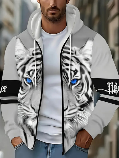 2025 Mens Long Sleeve Zip up Tiger Graphic Hoodie Casual Outdoor Fashion Coat with Drawstring and Pockets Zipup Hoodie for Man