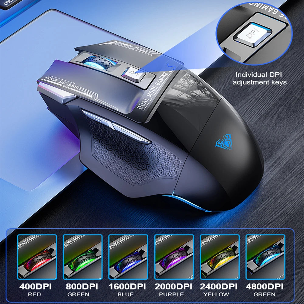 AULA SC550 žaidimų pelė, 2.4G belaidė makro pelė su RGB apšvietimu, ergonomiško dizaino e. sporto pelė, PC priedai