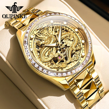 Reloj para hombre OUPINKE de marca de lujo, oro y acero de tungsteno, original, automático mecánico, con esfera decorada con motivo de dragón