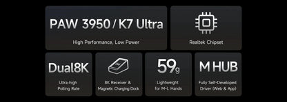 MCHOSE K7 Ultra vezeték nélküli gamer egér, PAW3950, kettős 8K lekérdezési ráta, könnyű kivitel, mágneses vezeték nélküli töltődokkoló, e-sport és irodai használatra