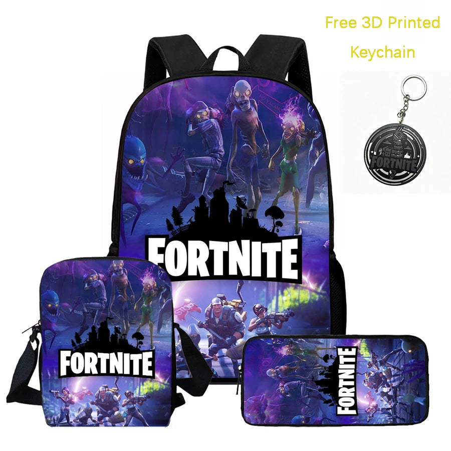 3Pcs Kids Backpack Set, Crossbody & Pencil Bag, FORTNITE Cartoon Bag, Lightweight for Boys Girls 5-10, Free 3D Printed Keychain