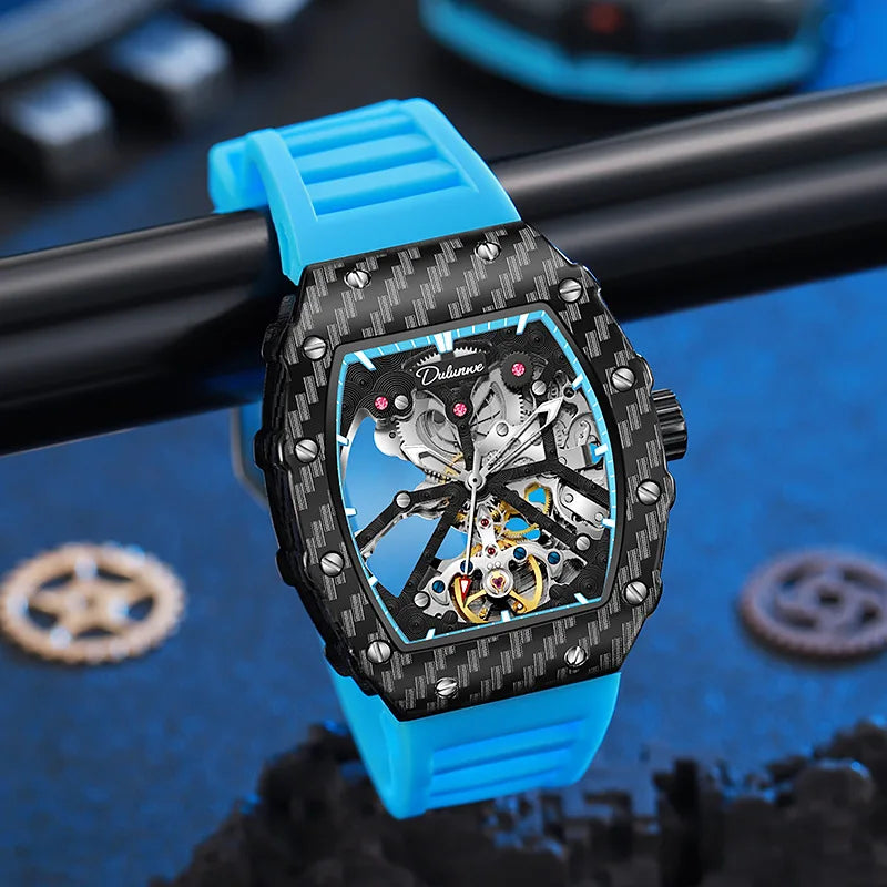 Mechanické hodinky s tourbillonem pro muže, silikonový řemínek, skeletové, tvaru tonneau, automatické, luxusní pánské hodinky Reloj Hombre