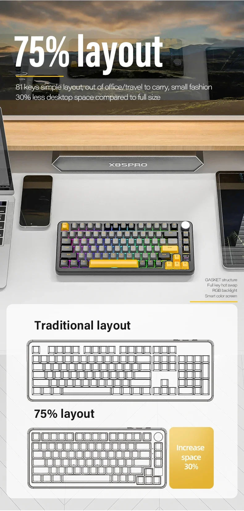 ATTACK SHARK X85/X85Pro Wireless Mechanical Keyboard 75% 82 Keys Tri-Mode Bluetooth Wired RGB Hot Swap Gasket Knob Large battery