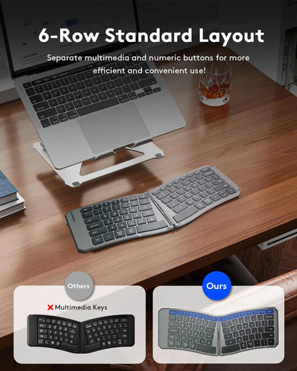 Ergonomic Foldable Bluetooth Keyboard, Split Compact Portable Keyboard for Business Travel, Folding Rechargeable Wireless Keyboard