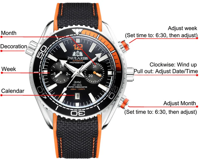 PAULAREIS P Brand Luxury Automatic Watch Men Fashion Calendar Waterproof Luminous Watch Stainless Steel Mechanical Watches Mens