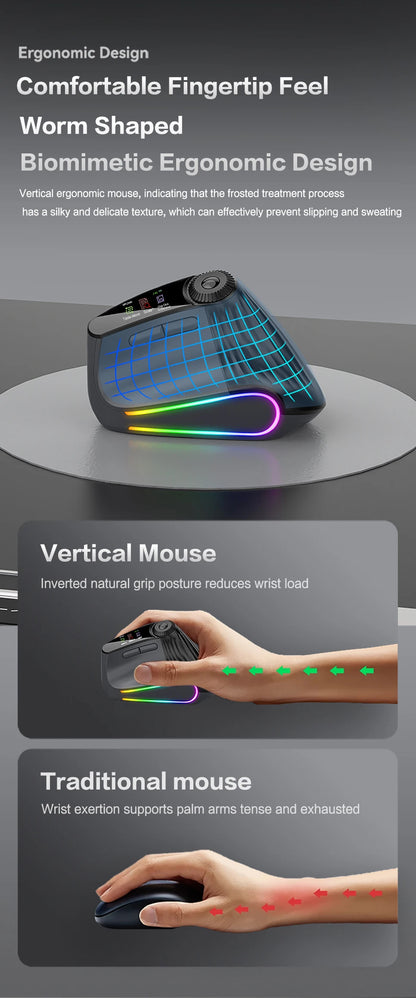 Backlit Wireless Ergonomic Mouse with Smart Flying Scroll, Function Adjustment Knob, Bluetooth & 2.4G Rechargeable Gaming Mouse