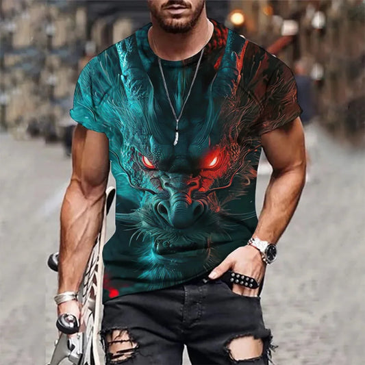 Summer New Men's O-neck T-shirt Flame Magic Dragon 3D Print Casual Breathable Lightweight Versatile Design Short Sleeve Manswear