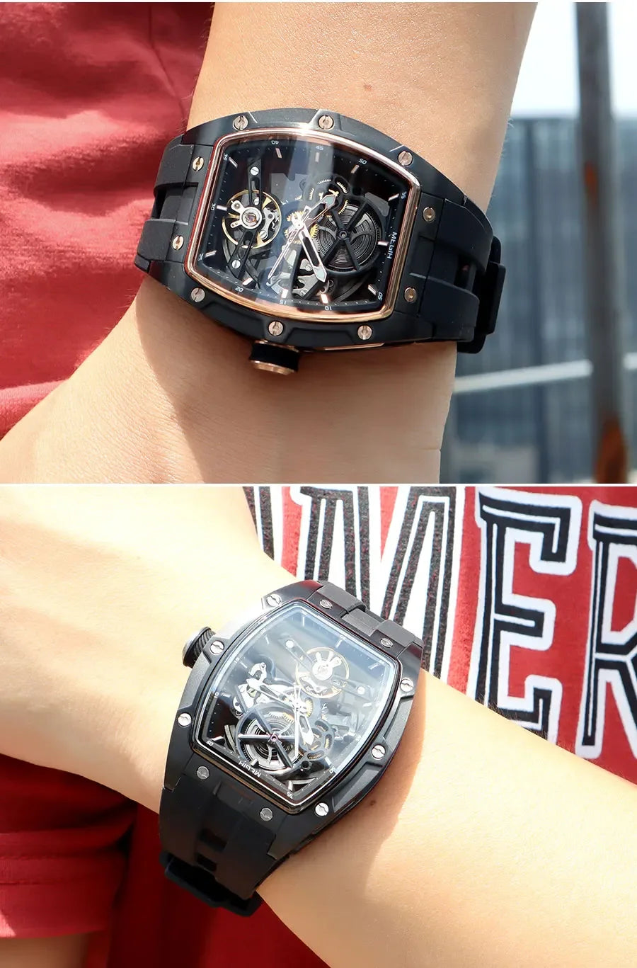 MEGIR Automatic Wristwatch Men Fashion Black Silicone Strap Wateproof Luminous Sport Mechanical Watch with Tonneau Dial 2242