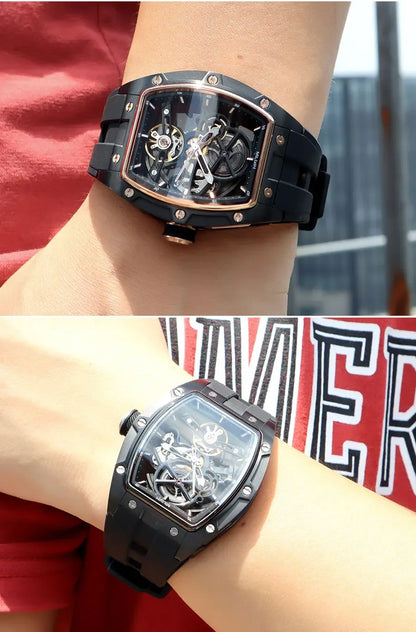 MEGIR Automatic Wristwatch Men Fashion Black Silicone Strap Wateproof Luminous Sport Mechanical Watch with Tonneau Dial 2242