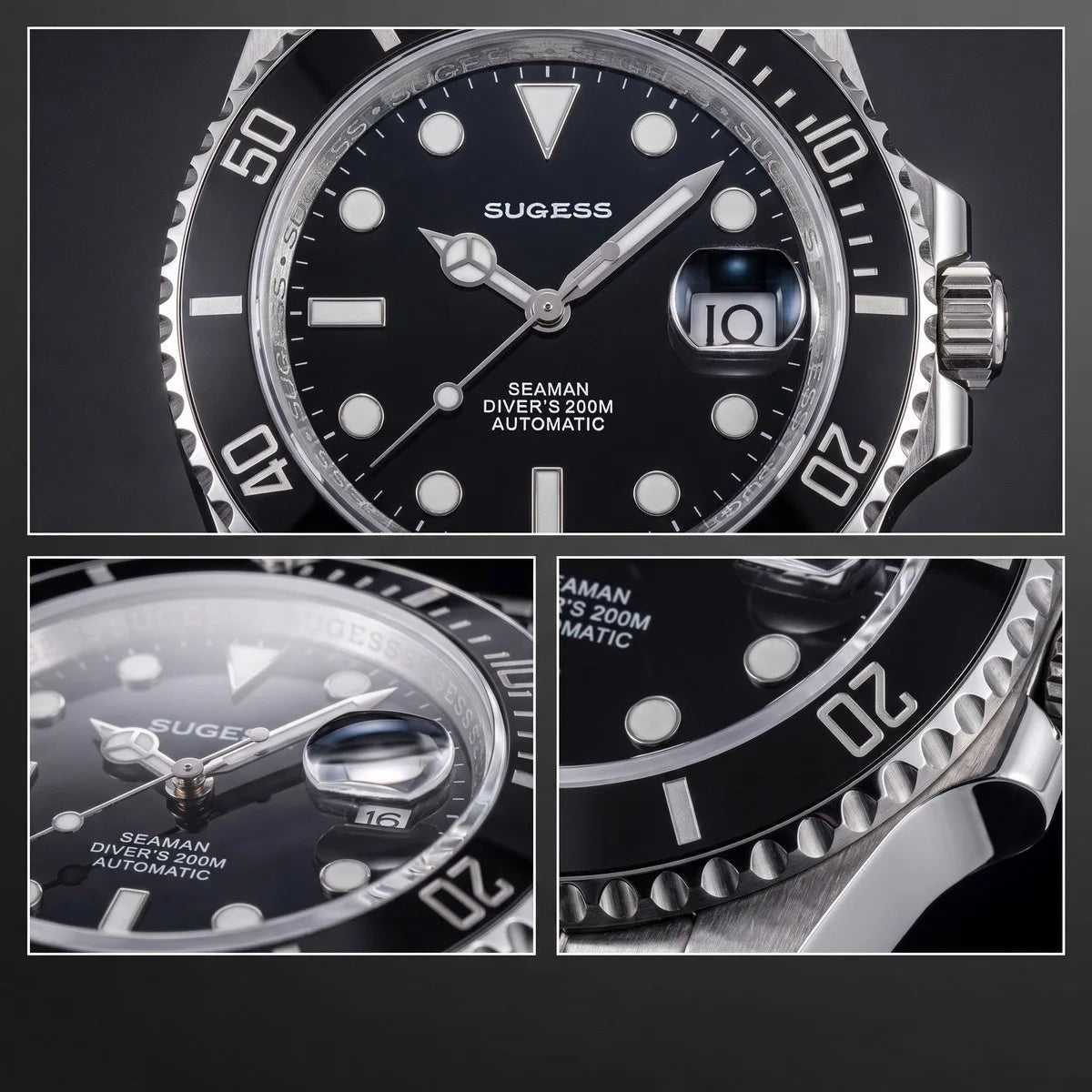 Sugess Men of Watch Automatic Mechanical ST2130 Movement Wristwatches 200M Water Resistant Sapphire Crystal Adjust Clasp S421