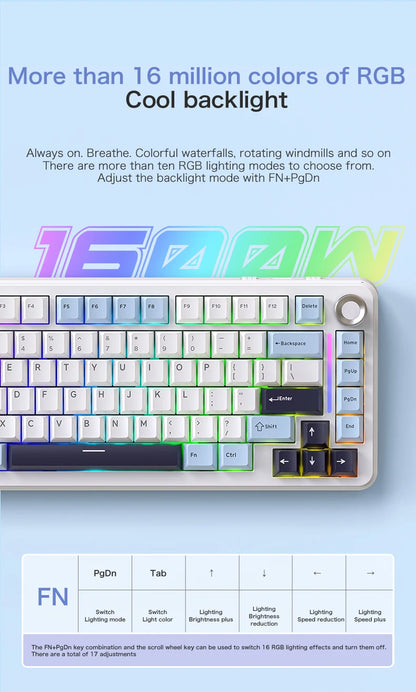 F75 Mechanical Keyboard FREEWOLF 81 Keys Layout Metal Knobs PBT Keycaps, Fully Hot-swappable Keys RGB Multi-color Backlighting