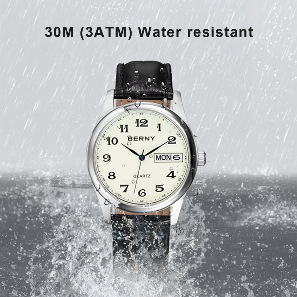 BERNY Quartz Watch for Men Miyota 2405 Business Male Wristwatch Day Top Calendar Genuine Leather Classic Men Watches Waterproof