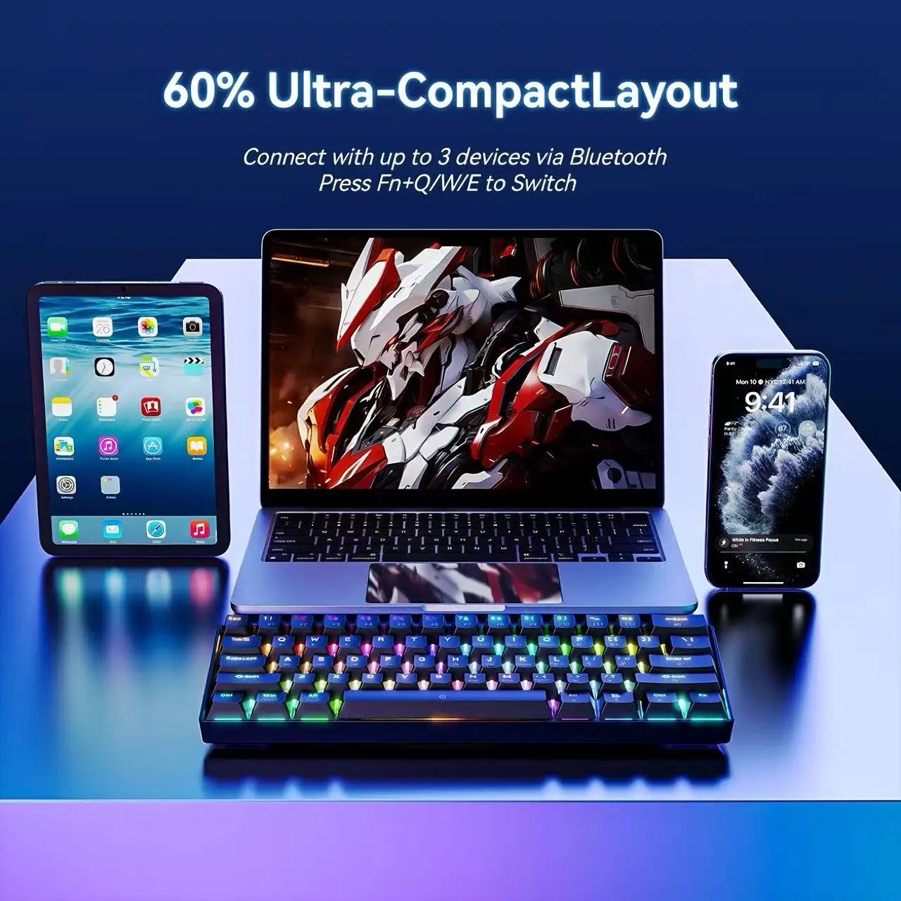 Mini 61Key Wireless Tri-mode Keyboard Bluetooth RGB Backlight Silent Mechanical Feel Portable Film Keyboard For Game Office Home