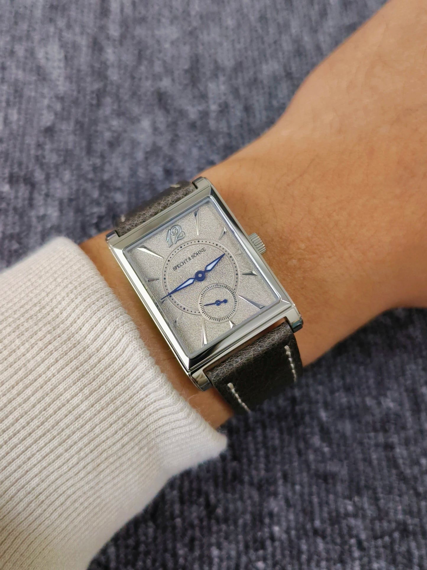 2026 Specht&Söhne Ultra Thin 7.5mm Rectangular Watch Japan Quartz Movement Small Seconds Sandblasted Dial Grey Leather Strap Watch