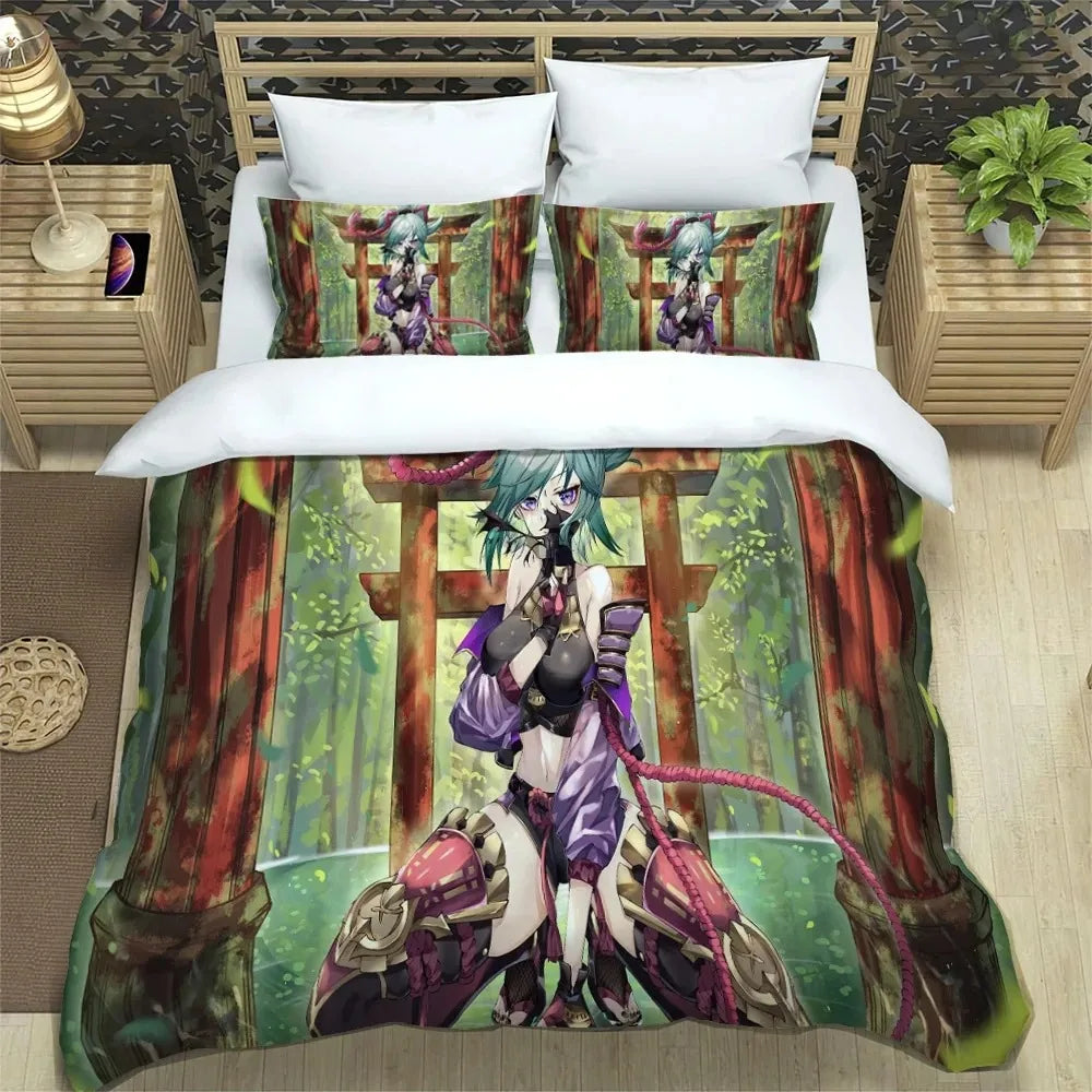 Anime Genshin Impact-beddengoedset voor jongens en meisjes, Twin/Queen Size dekbedovertrek met kussensloop, bedtextiel voor kinderen en volwassenen, modieuze woontextiel