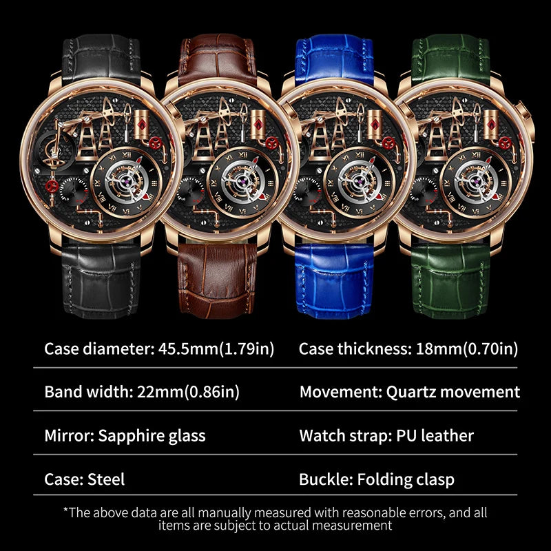 PINDU NEW TOP Quartz Watches Button oil Pump Business Men Wristwatches 45.5MM Sapphire Mirror Waterproof Leather Watch for Men