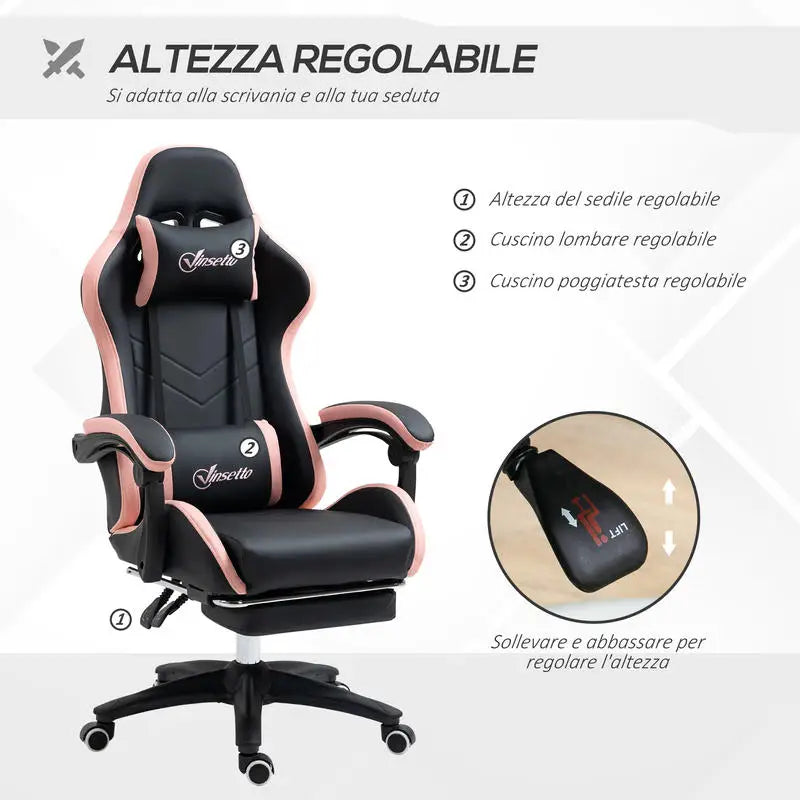 Adjustable Height Gaming Chair with Headrest, Ergonomic Gaming Chair with Footrest, PU Leather Computer Chair for Gaming Desk, Pink & Black