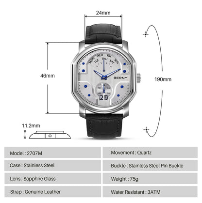 BERNY Tonneau Classic Men's Watch Quartz Luxury Top Watches Ronda 7004N Day Stainless Steel Sapphire Pendulum Dial Watch for Men