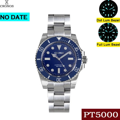 Cronos Sub Diver Men Watch No Date PT5000 Brushed Bracelet Ceramic Bezel 200 meters Water Resistant