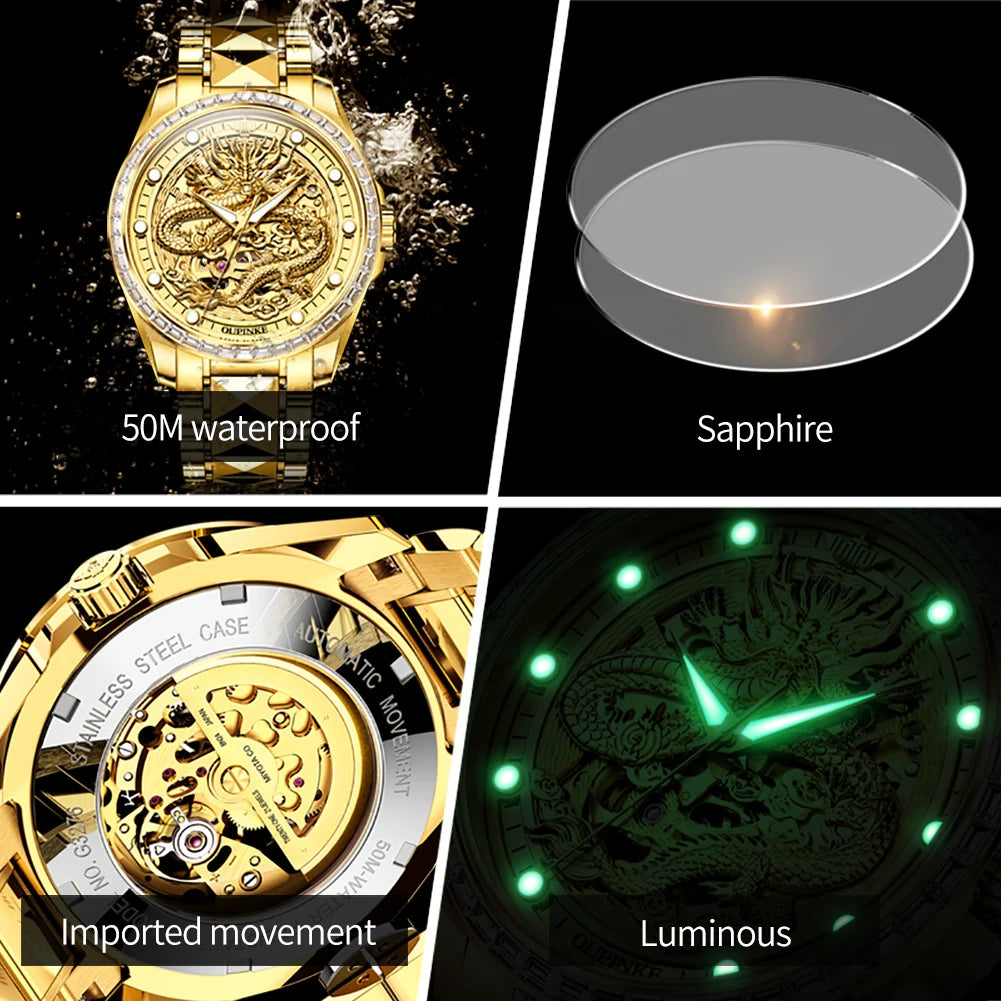 Reloj para hombre OUPINKE de marca de lujo, oro y acero de tungsteno, original, automático mecánico, con esfera decorada con motivo de dragón