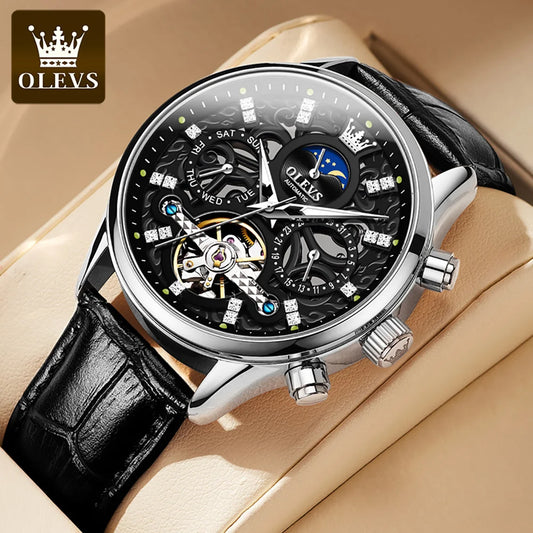 OLEVS 6658 Automatic Mechanical Watch for Man Leather Strap Waterproof Moon Phase Business Dress Men's Watches