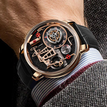 PINDU NEW TOP Quartz Watches Button oil Pump Business Men Wristwatches 45.5MM Sapphire Mirror Waterproof Leather Watch for Men