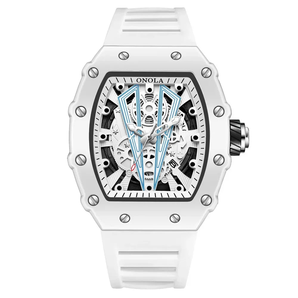 Gift Box Watches for Man ONOLA 3826W Trend White Men Watch Tonneau Calendar Waterproof Silicone Strap Relogios Masculino