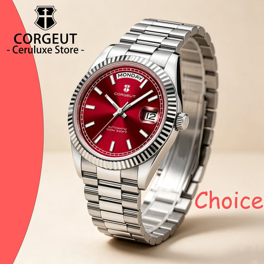 CORGEUT NH36 Mechanical Men's Watch Date of the Week Show President Chain Strap Steel Case Watch Threaded Arc Bezel waterp