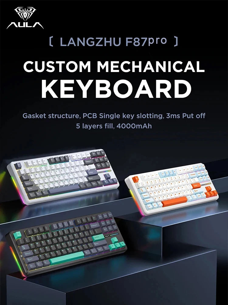 AULA F87 Pro Mechanical Keyboard 2.4g/Usb/Bluetooth Tri Mode Wireless 87 Key RGB PBT Gasket 5 Layer Silencing Full Key No Impact
