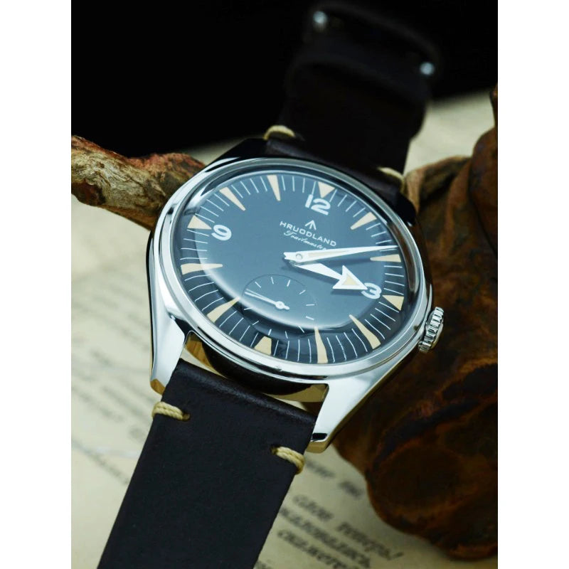 Hruodland F033 Retro Classi Quarrz Men's Watches VD78 Movement Stainless Steel Black Brown Leather Strap Wristwatches