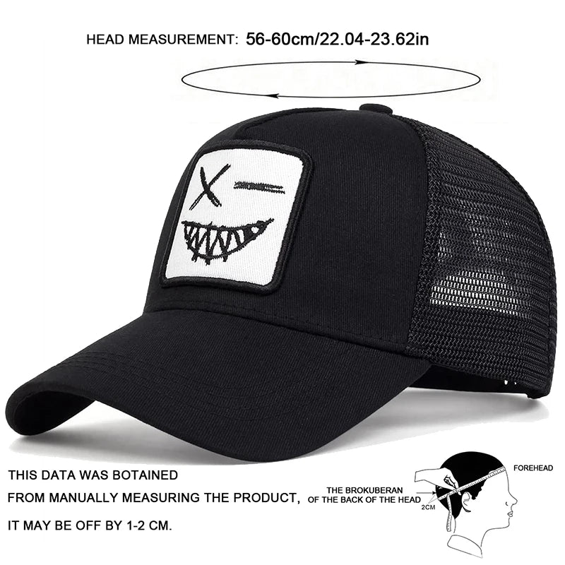 Unisex X Baseball-Netzkappen mit Stickerei eines lächelnden Gesichts und Zähnen – Sonnenhut für Frühling und Sommer, im Freien, mit Sonnenschutz, verstellbare Freizeit-Trucker-Kappen