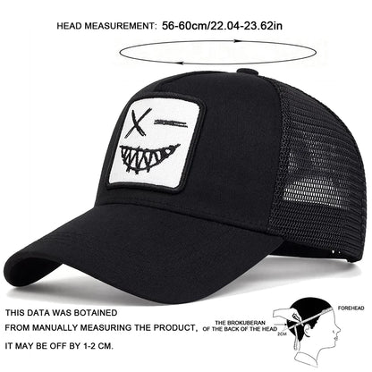 Unisex X Baseball-Netzkappen mit Stickerei eines lächelnden Gesichts und Zähnen – Sonnenhut für Frühling und Sommer, im Freien, mit Sonnenschutz, verstellbare Freizeit-Trucker-Kappen