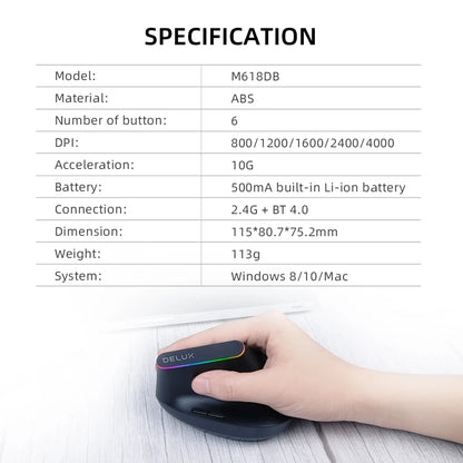 Delux  Ergonomic Vertical Mouse Rechargeable Wireless RGB Mouse Bluetooth 2.4G  4000DPI Gaming Silent Mice For Laptop PC