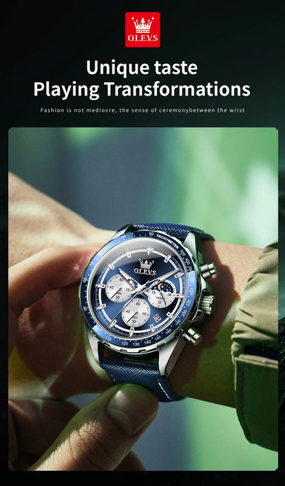 OLEVS Men's Watches Fashion Sports Green Watch For Men Multifunctional Quartz Wristwatches Men Waterproof Leather reloj hombre